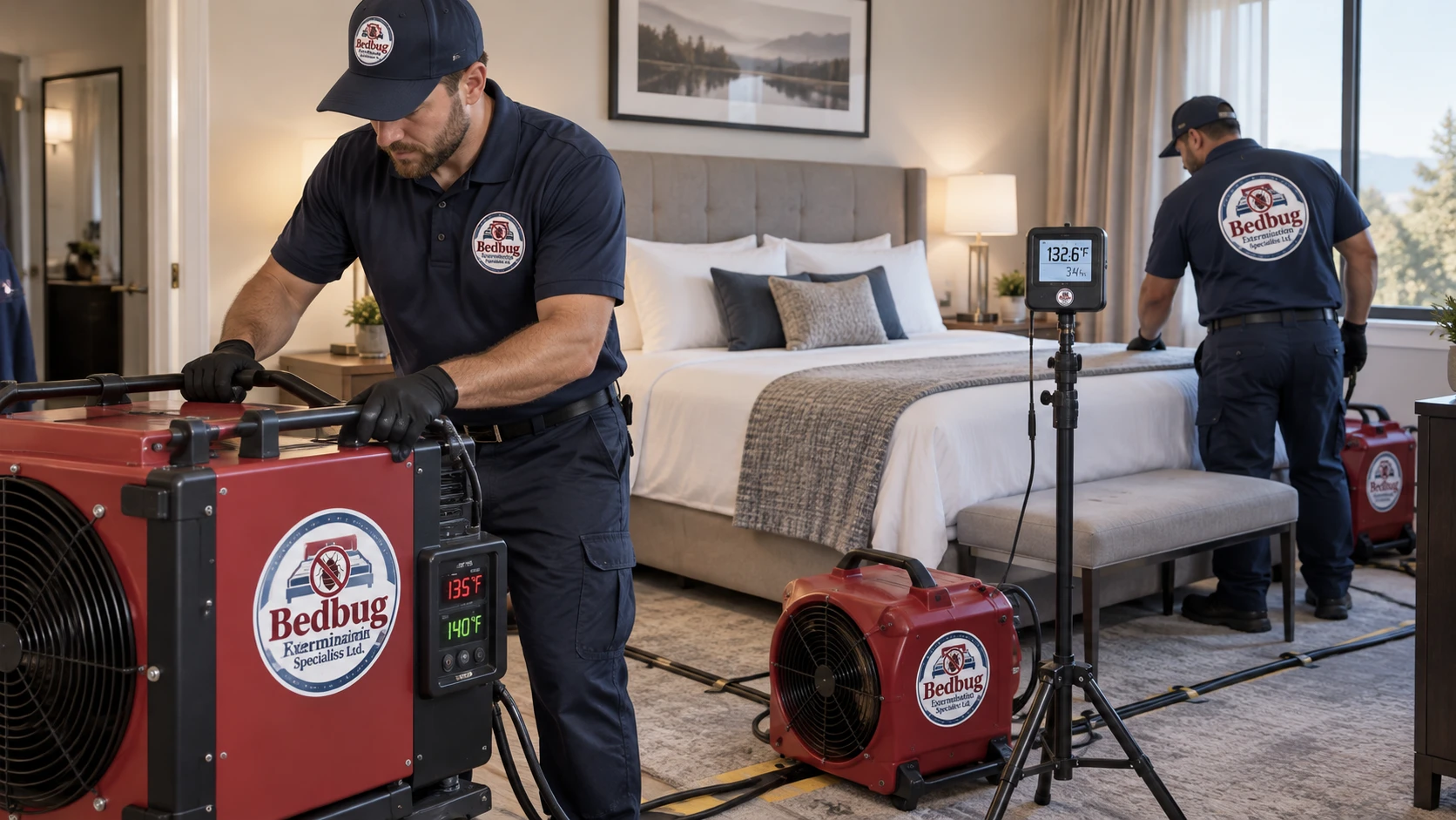 Heat treatment equipment set up in a bedroom with a temperature monitor