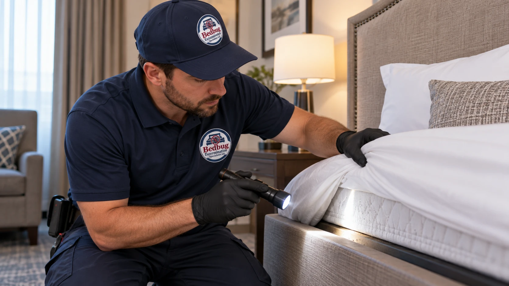 Technician inspecting a mattress seam with a flashlight