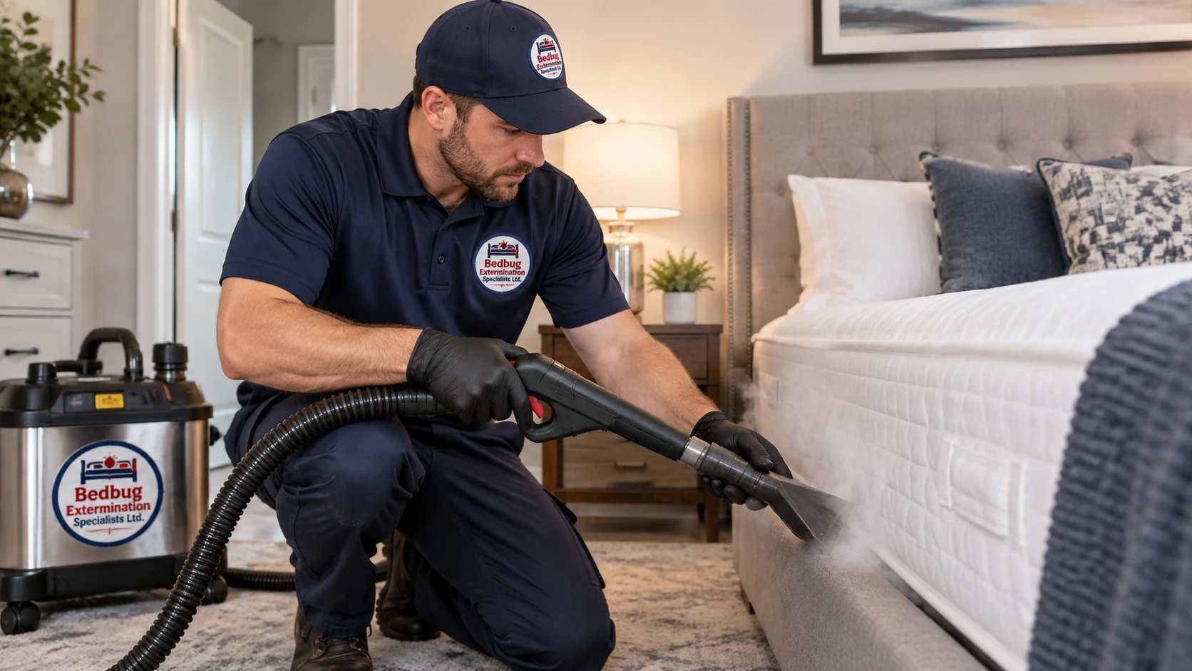 Technician treating the seams of a bed