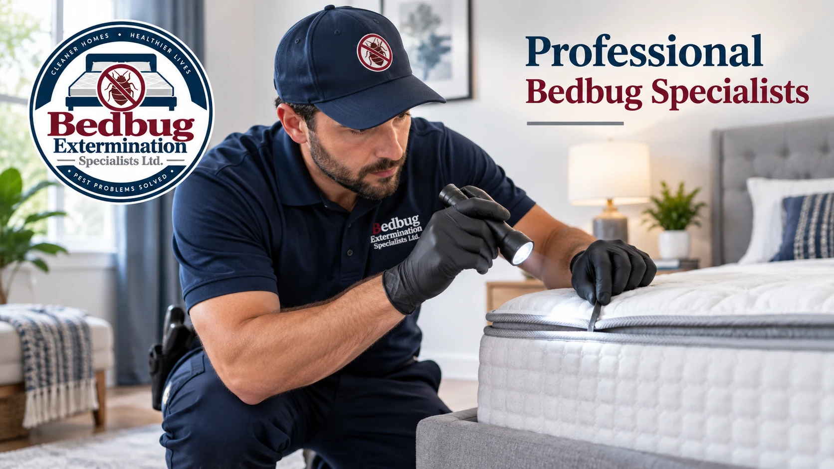 Bedbug specialist inspecting a mattress with a flashlight