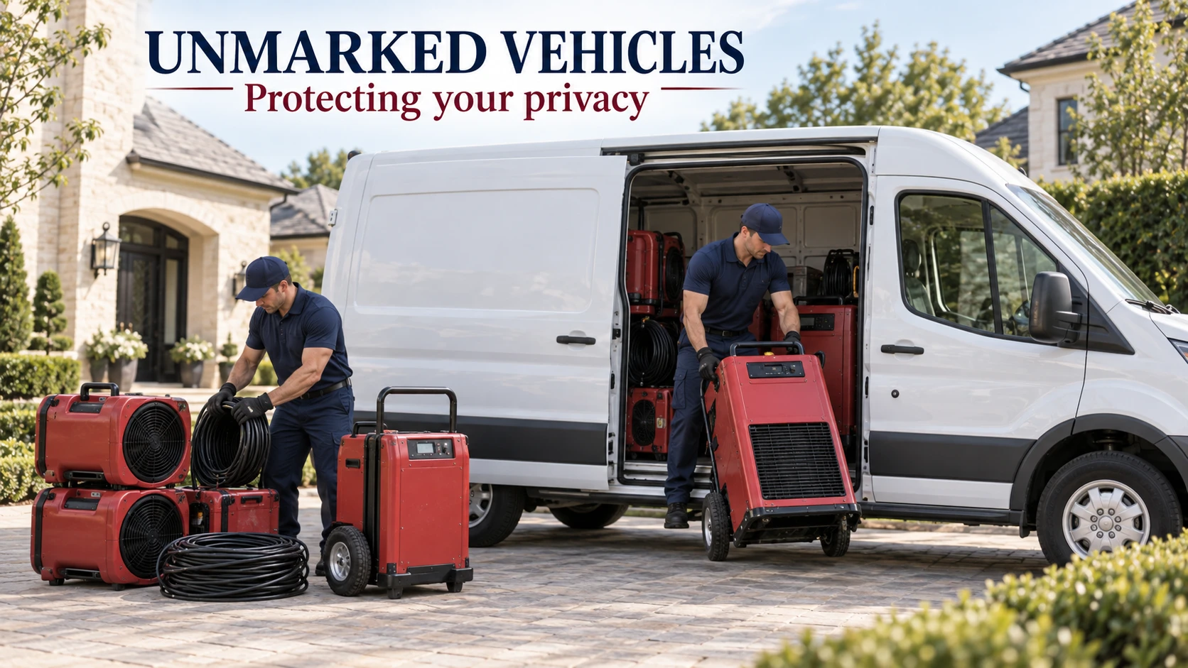 Technicians unloading commercial heaters from a plain white van