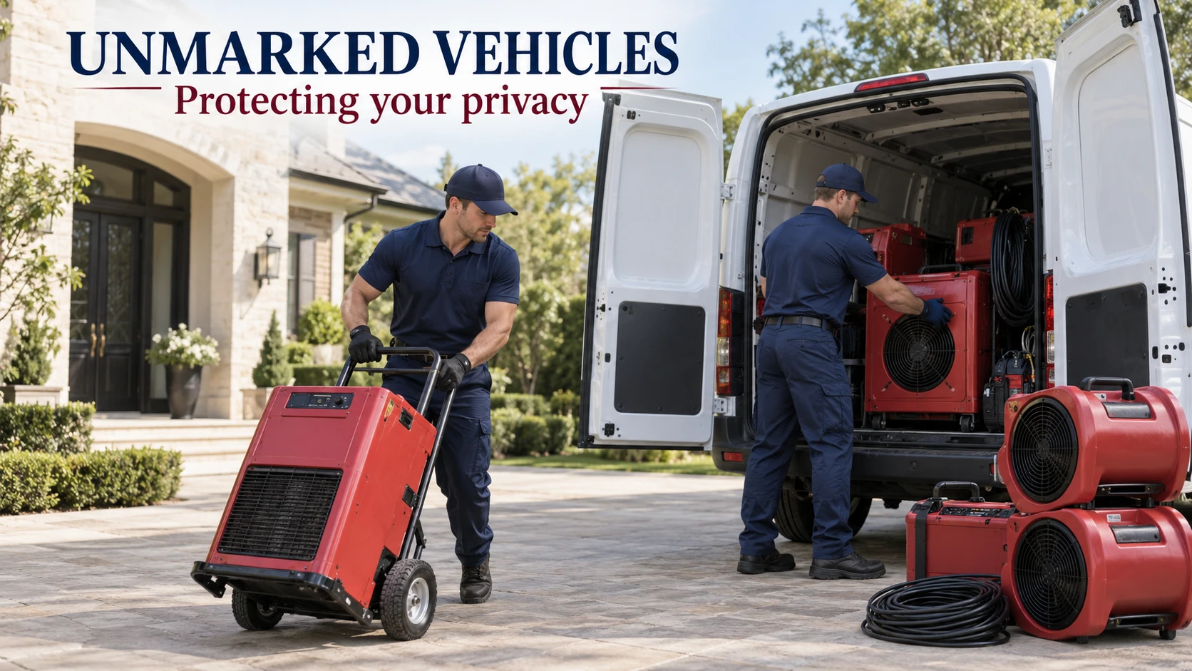 Technician wheeling equipment from an unmarked white van